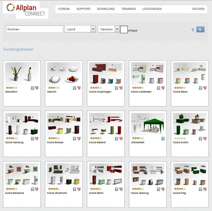 Auswahl an Küchen-Content in Allplan Connect