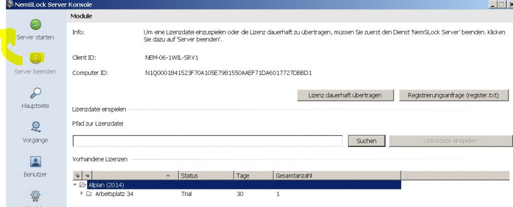 NemSLock-Lizenzserver Nemetschek Allplan: Dienst am Lizenzserver beenden