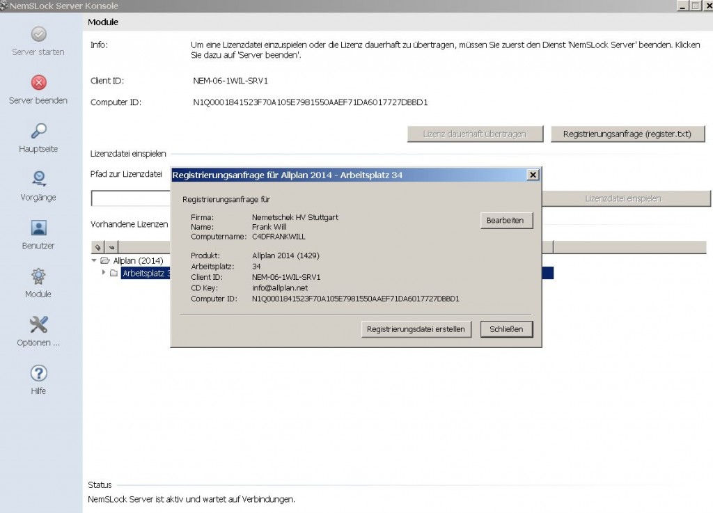 NemSLock-Lizenzserver Nemetschek Allplan: Registrierungsanfrage Lizenzserver zur finalen Lizenz