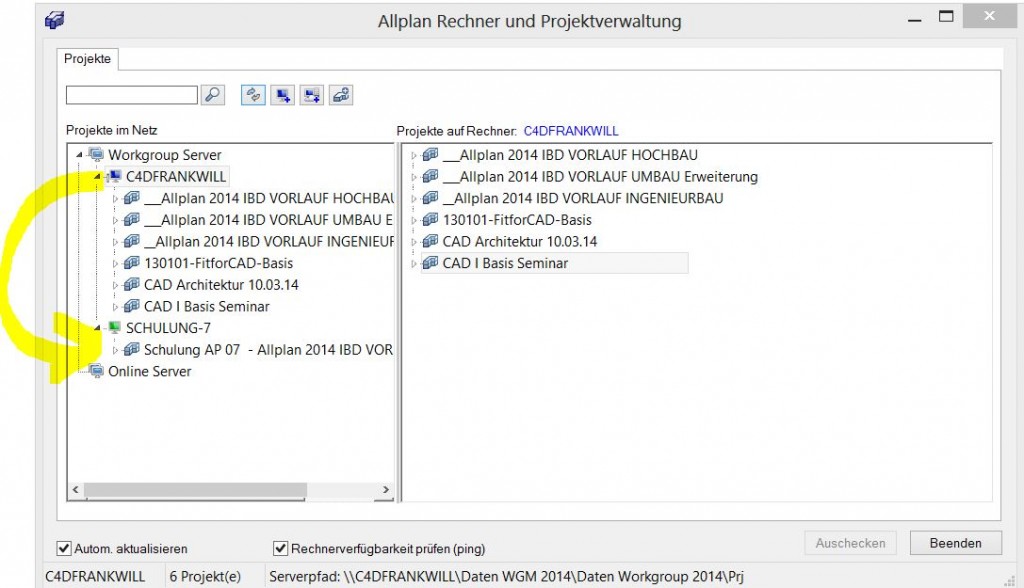 Projekte auschecken Workgroup