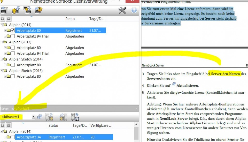 NemSLock-Lizenzserver Nemetschek Allplan: Client Servername eintragen