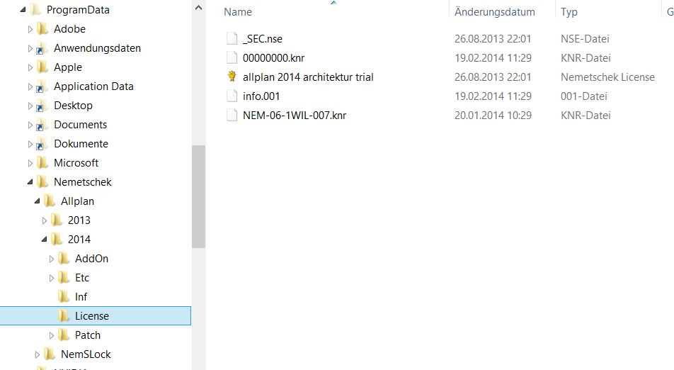 NemSLock-Lizenzserver Nemetschek Allplan: Programdata License Datei
