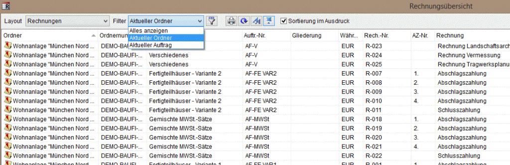 Baukonto Rechnungen filtern