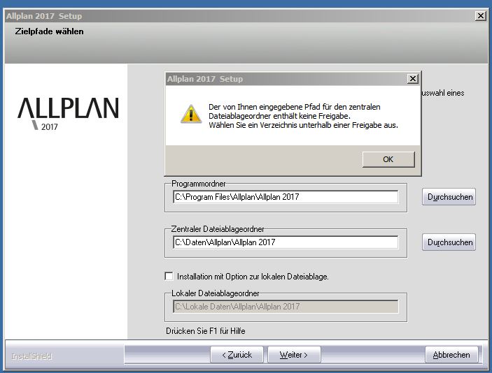 Installation Allplan 2017: Zentralen Dateiablageordner freigeben