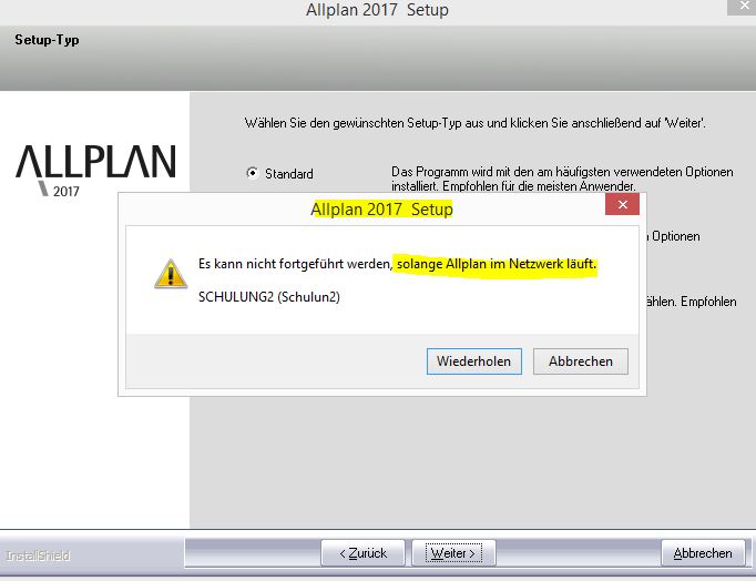 Installation Allplan 2017: Bei WGM Installationen andere Allplan Programme Arbeitsplätze schliessen.