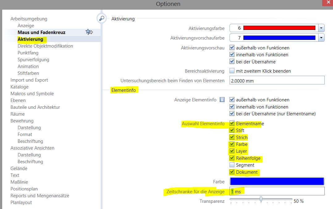 Elementinfo Optionen