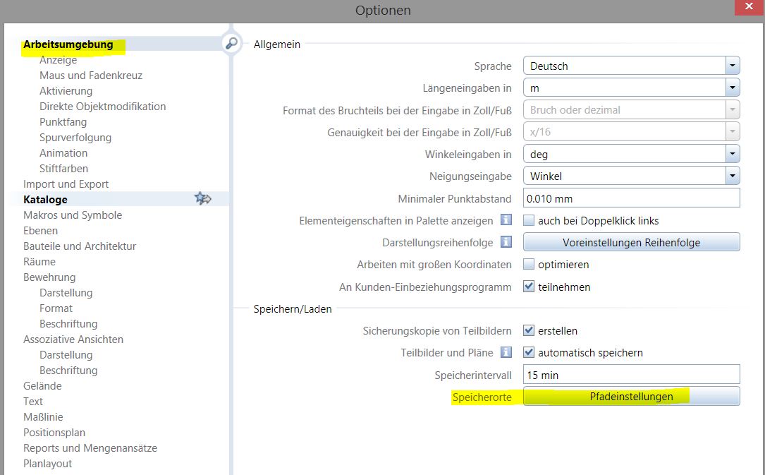 Pfadeinstellung Speicherorte